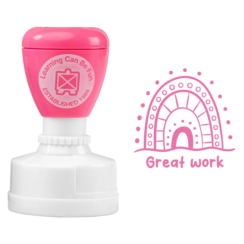 Isolated product view featuring the pink self inking merit stamp alongside the complete Sandhill artwork impression. The detailed cultural design and positive Great Work message are clearly visible for accurate product representation.