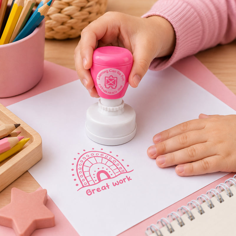 A child uses the Sacred Country Sandhill Merit Stamp to create a bright Great Work impression on a worksheet. The vibrant pink self inking stamp highlights the culturally inspired Sandhill artwork while demonstrating its use as a positive classroom reward tool for recognising student achievement.