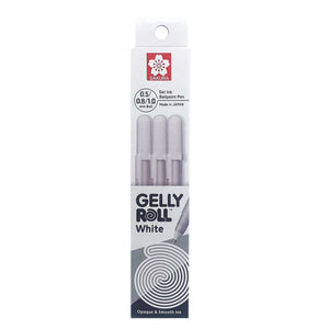 Sakura Gelly Roll White three-pen hanging box showing 0.5, 0.8 and 1.0 mm ball sizes and Made in Japan