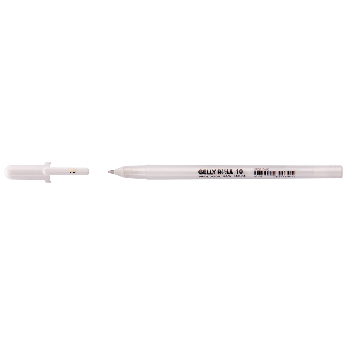 Sakura Gelly Roll White 10 gel pen lying flat with its white cap removed, size 10 printed on barrel and cap