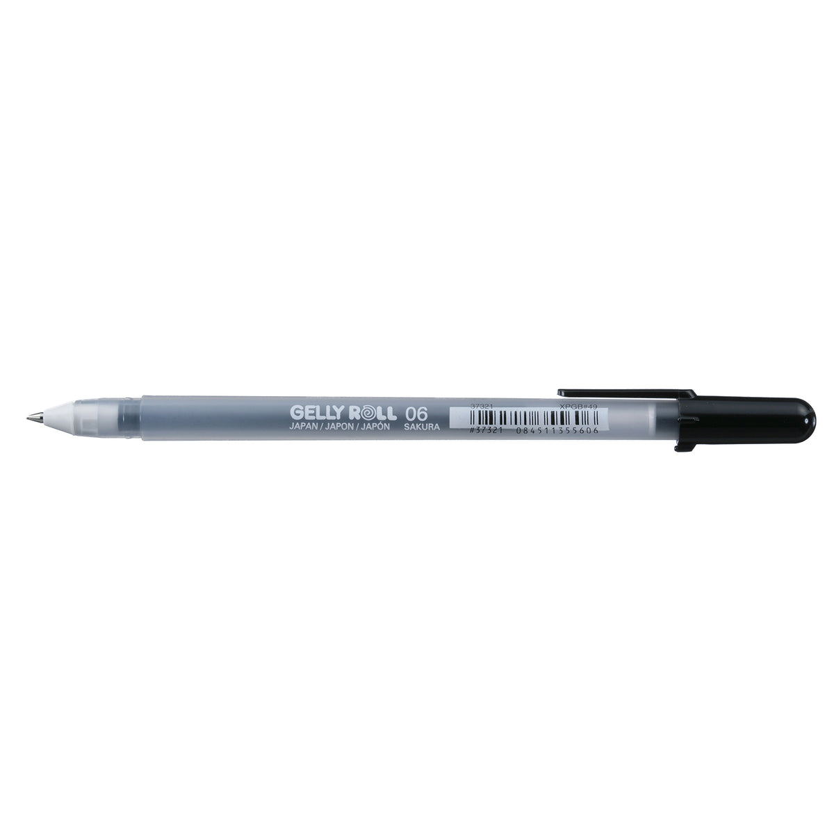 Sakura Gelly Roll Fine Point Black gel pen lying flat with the black cap fitted, frosted barrel printed GELLY ROLL 06