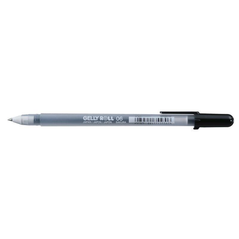 Sakura Gelly Roll Fine Point Black gel pen lying flat with the black cap fitted, frosted barrel printed GELLY ROLL 06
