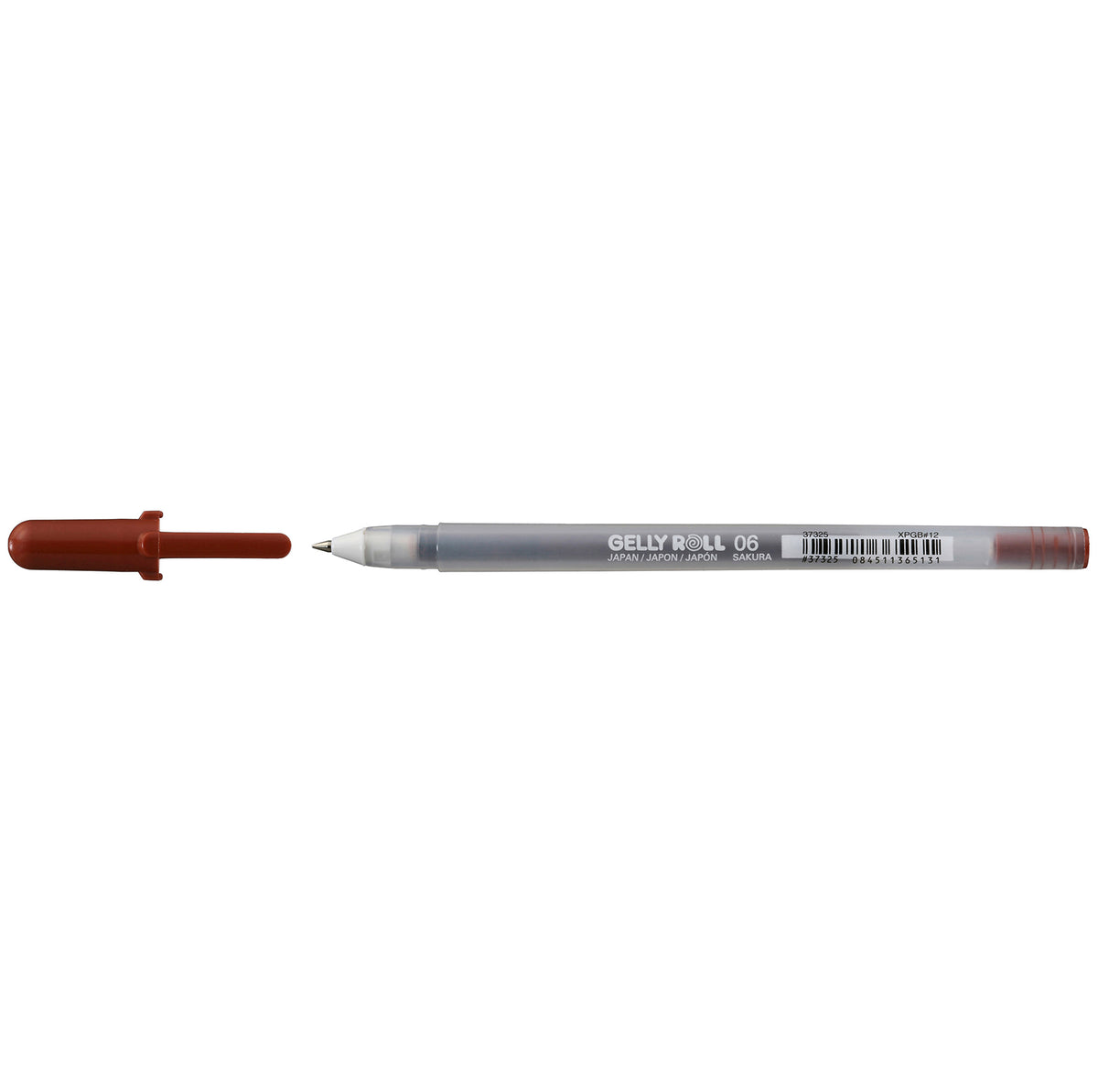 Sakura Gelly Roll Fine Point Brown gel pen with the brown cap removed and shown beside the frosted 06 barrel
