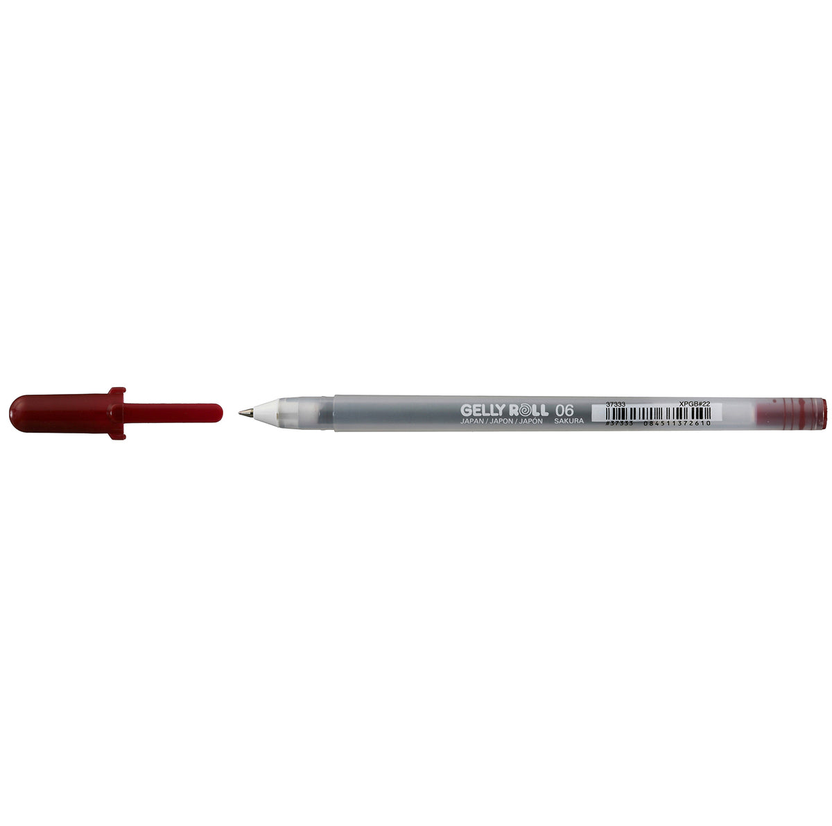 Sakura Gelly Roll Fine Point Burgundy gel pen with the burgundy cap removed and shown beside the frosted 06 barrel