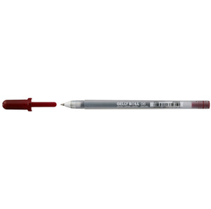 Sakura Gelly Roll Fine Point Burgundy gel pen with the burgundy cap removed and shown beside the frosted 06 barrel
