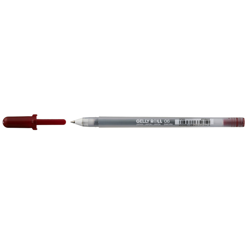 Sakura Gelly Roll Fine Point Burgundy gel pen with the burgundy cap removed and shown beside the frosted 06 barrel