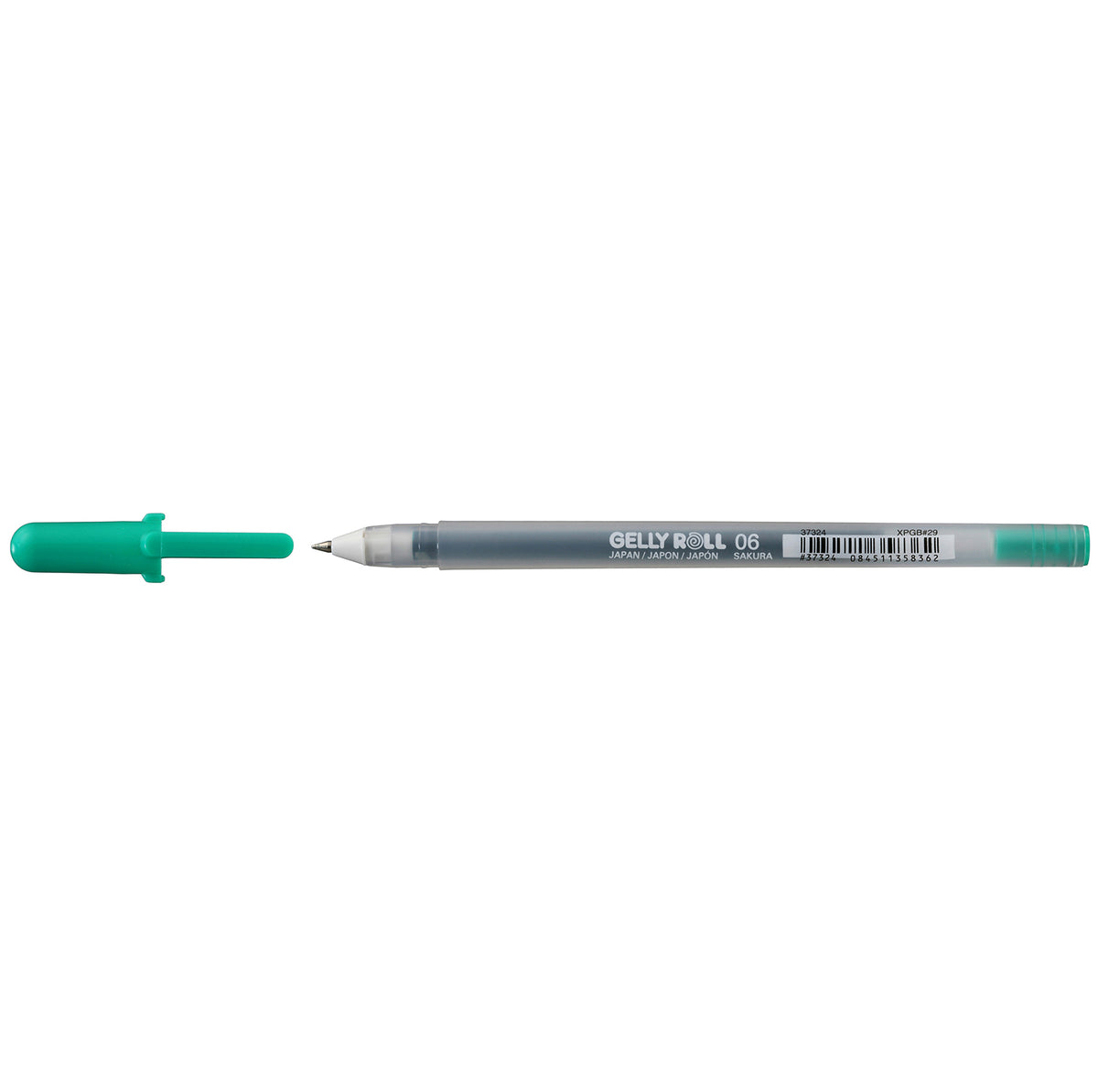 Sakura Gelly Roll Fine Point Green gel pen with the green cap removed and shown beside the frosted 06 barrel