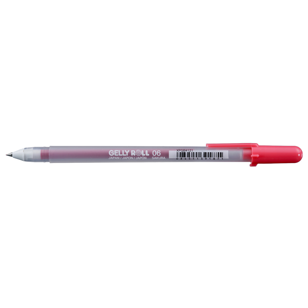 Sakura Gelly Roll Fine Point Opera Red gel pen lying flat with the opera red cap fitted, frosted barrel printed GELLY ROLL 06