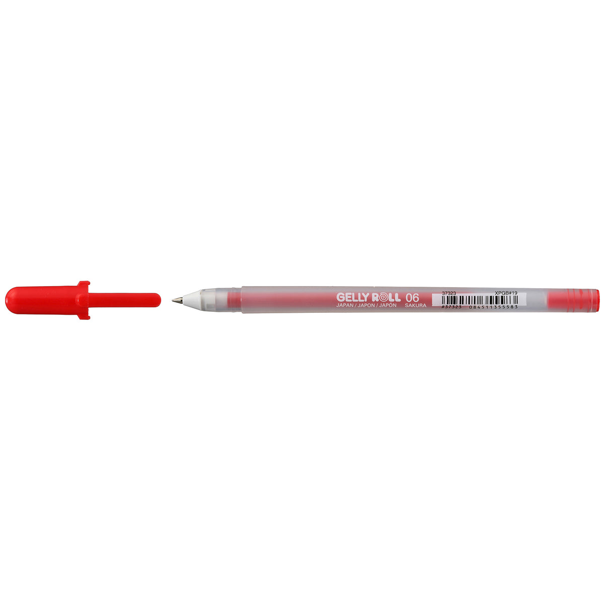 Sakura Gelly Roll Fine Point Red gel pen with the red cap removed and shown beside the frosted 06 barrel