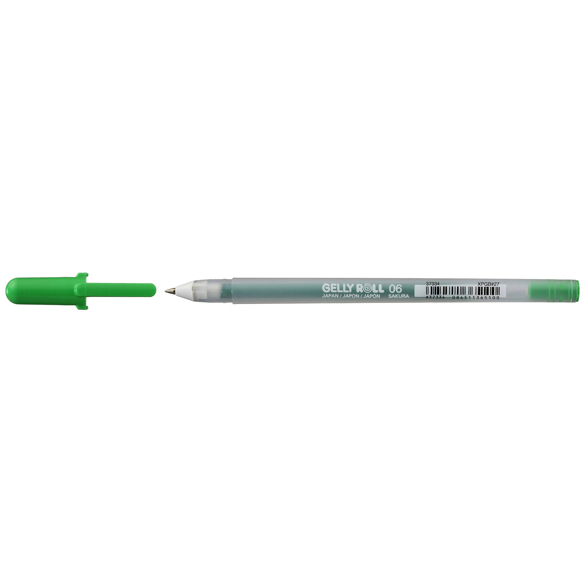 Sakura Gelly Roll Fine Point Yellow Green gel pen with the yellow green cap removed and shown beside the frosted 06 barrel