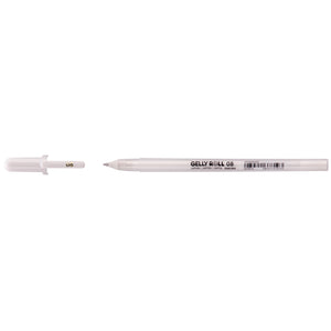 Sakura Gelly Roll White 08 gel pen lying flat with its white cap removed, size 08 printed on barrel and cap