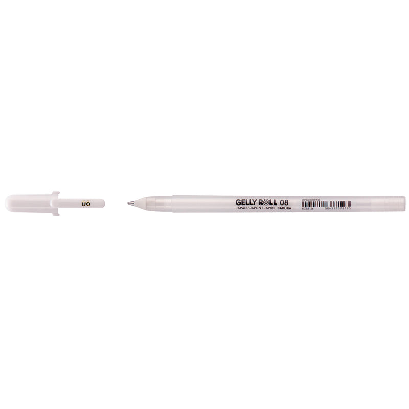 Sakura Gelly Roll White 08 gel pen lying flat with its white cap removed, size 08 printed on barrel and cap