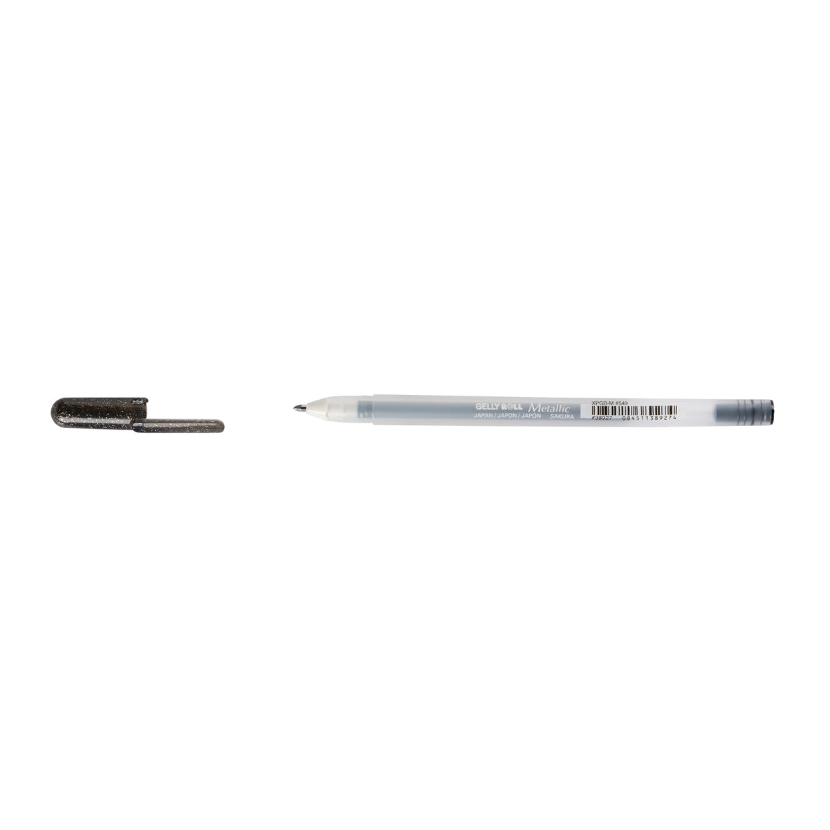 Sakura Gelly Roll Metallic Black gel pen with cap removed and placed beside the frosted Metallic barrel