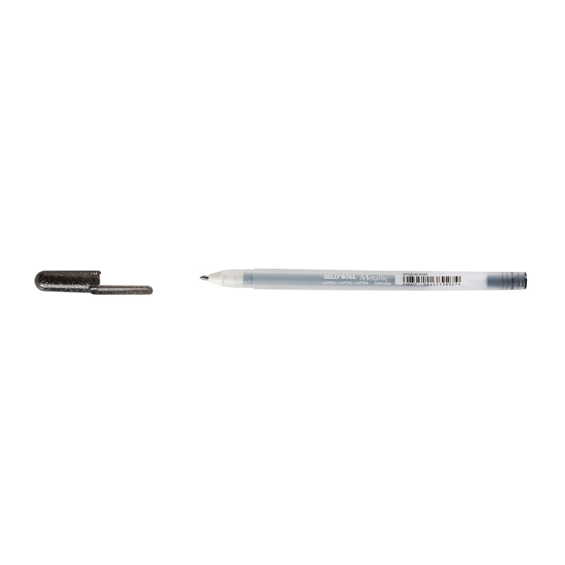 Sakura Gelly Roll Metallic Black gel pen with cap removed and placed beside the frosted Metallic barrel