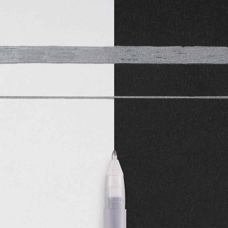 Sakura Gelly Roll Metallic Black writing sample: thick and thin metallic lines across white and black paper with the pen tip below