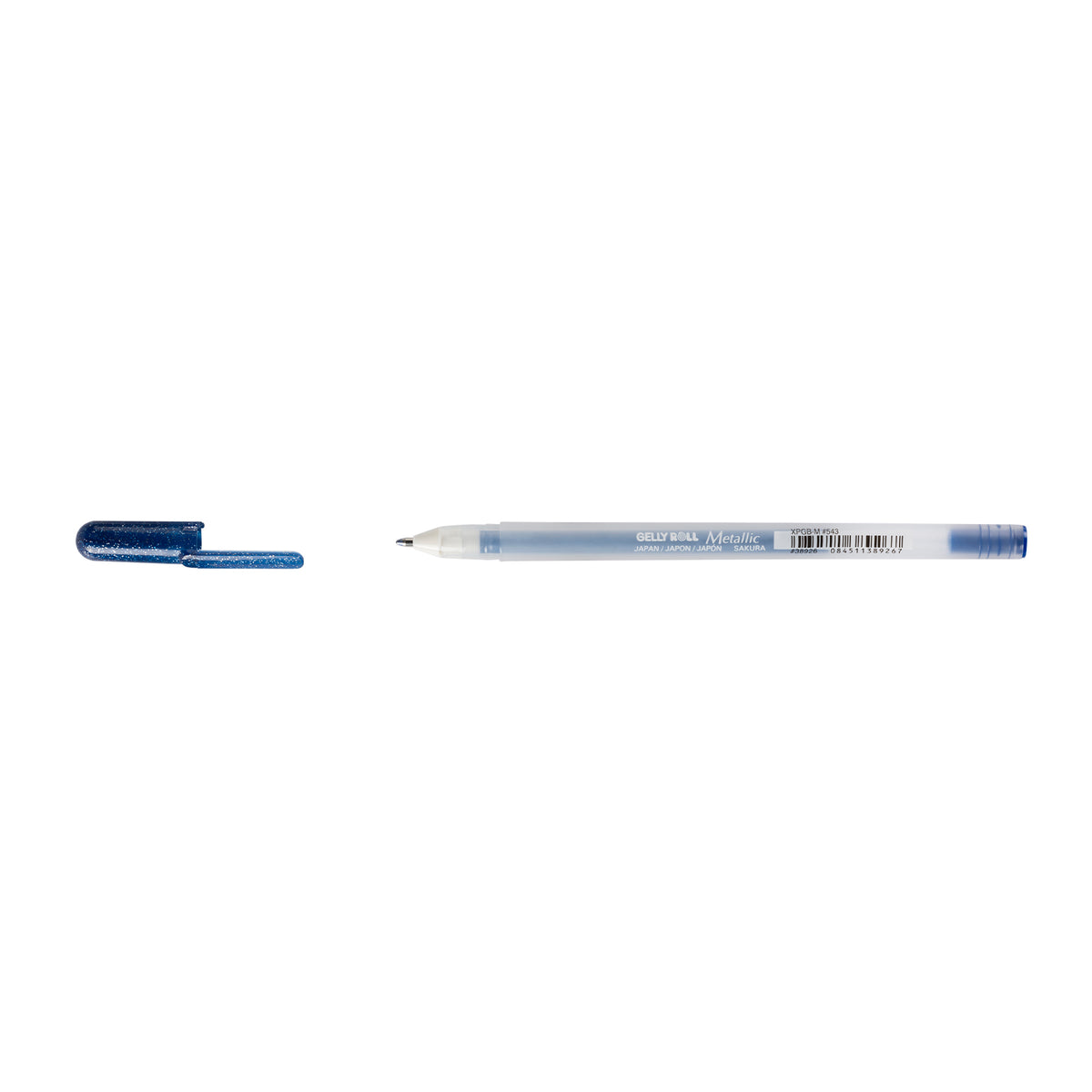 Sakura Gelly Roll Metallic Blue Black gel pen with cap removed and placed beside the frosted Metallic barrel