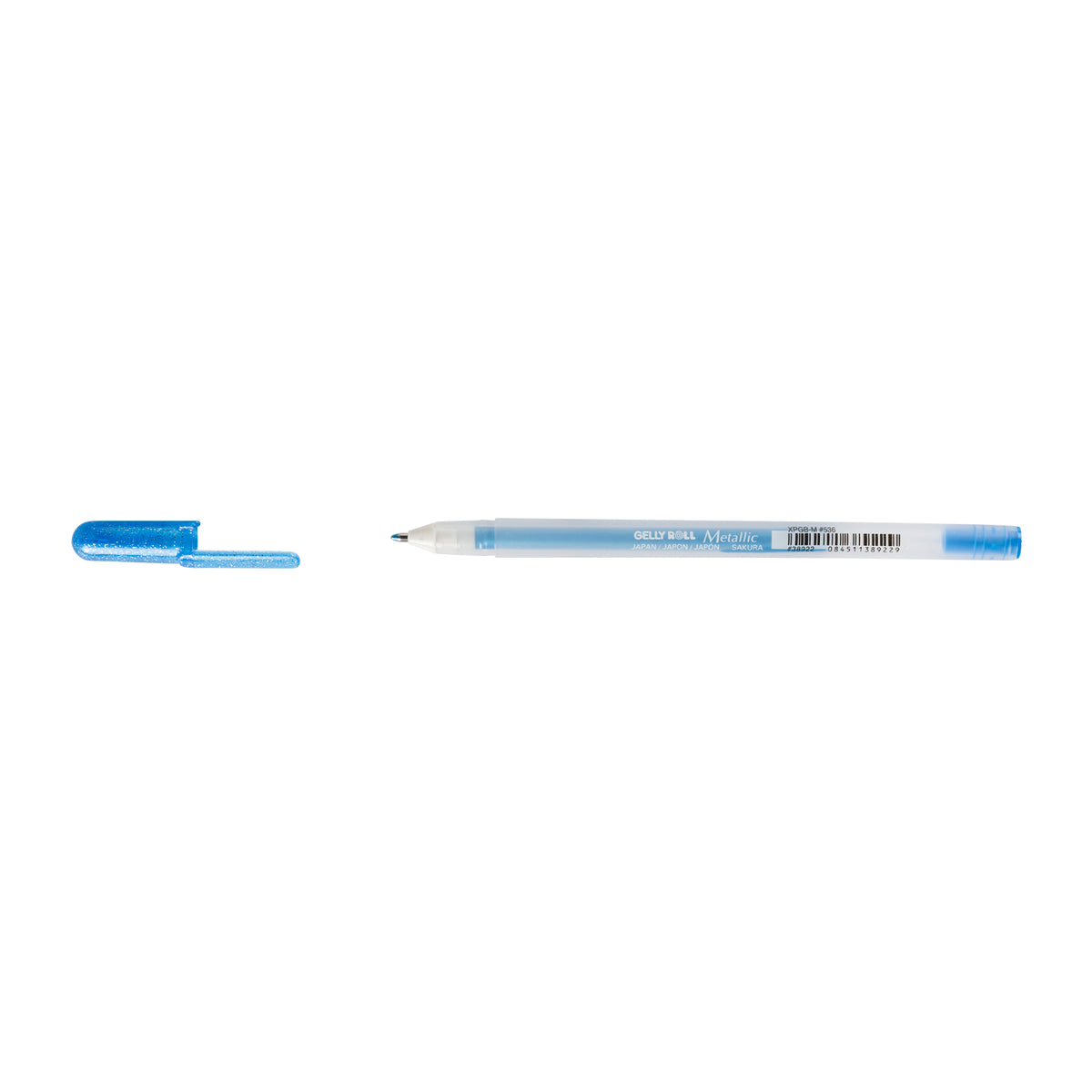 Sakura Gelly Roll Metallic Blue gel pen with cap removed and placed beside the frosted Metallic barrel