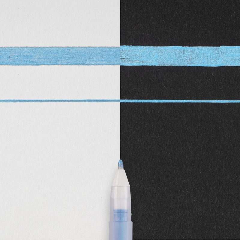 Sakura Gelly Roll Metallic Blue writing sample: thick and thin metallic lines across white and black paper with the pen tip below