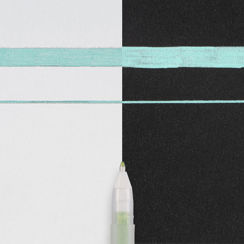 Sakura Gelly Roll Metallic Green writing sample: thick and thin metallic lines across white and black paper with the pen tip below