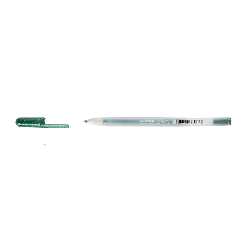Sakura Gelly Roll Metallic Hunter Green gel pen with cap removed and placed beside the frosted Metallic barrel