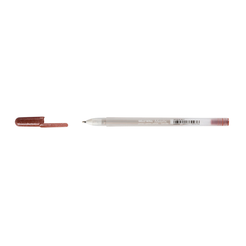 Sakura Gelly Roll Metallic Sepia gel pen with cap removed and placed beside the frosted Metallic barrel