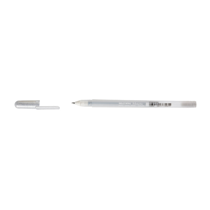 Sakura Gelly Roll Metallic Silver gel pen lying flat with the silver cap removed on a white background