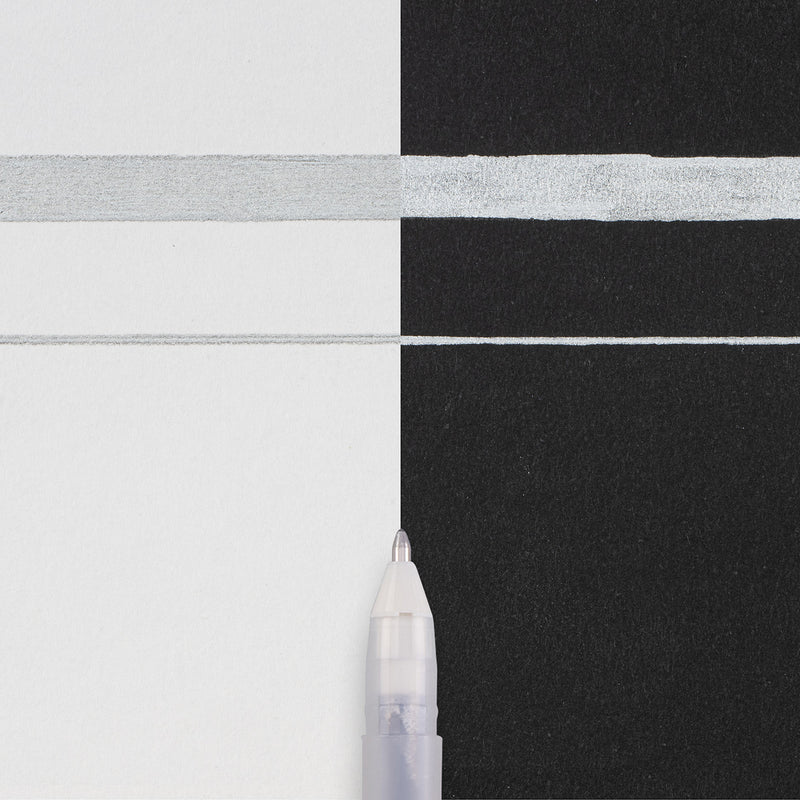 Silver Gelly Roll Metallic pen tip drawing a broad band and a fine line across white and black paper