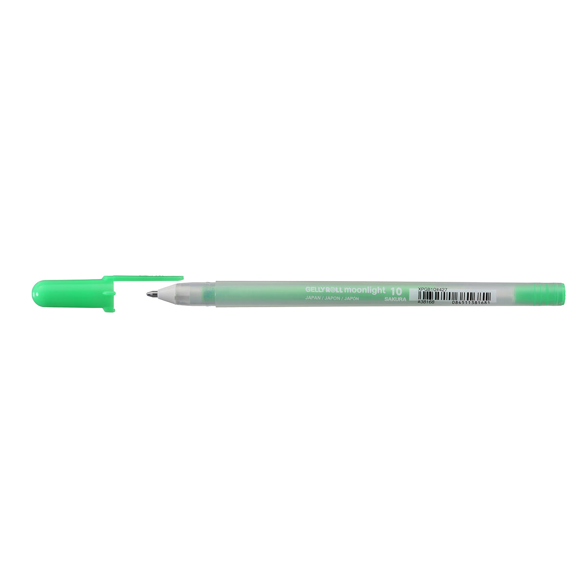 Sakura Gelly Roll Moonlight 10 Fluorescent Green gel pen lying flat with its fluorescent green cap removed on a white background