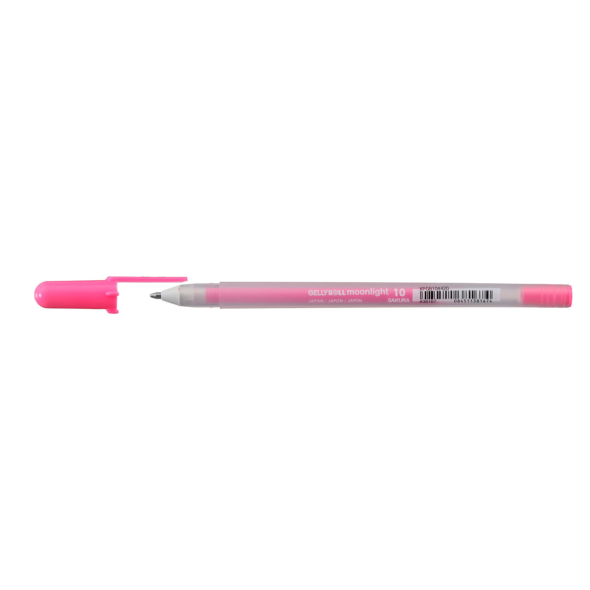 Sakura Gelly Roll Moonlight 10 Fluorescent Pink gel pen lying flat with its fluorescent pink cap removed on a white background