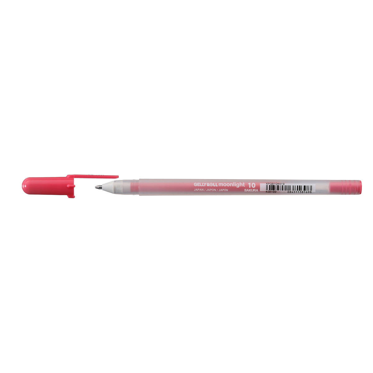 Sakura Gelly Roll Moonlight 10 Red gel pen lying flat with its red cap removed on a white background