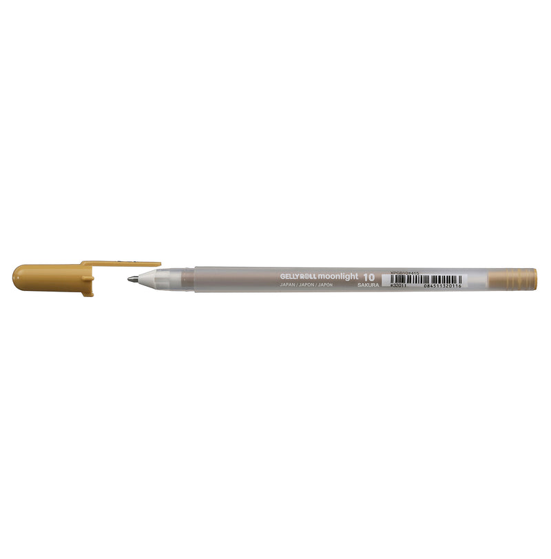 Sakura Gelly Roll Moonlight 10 Yellow Ochre gel pen lying flat with its yellow ochre cap removed on a white background