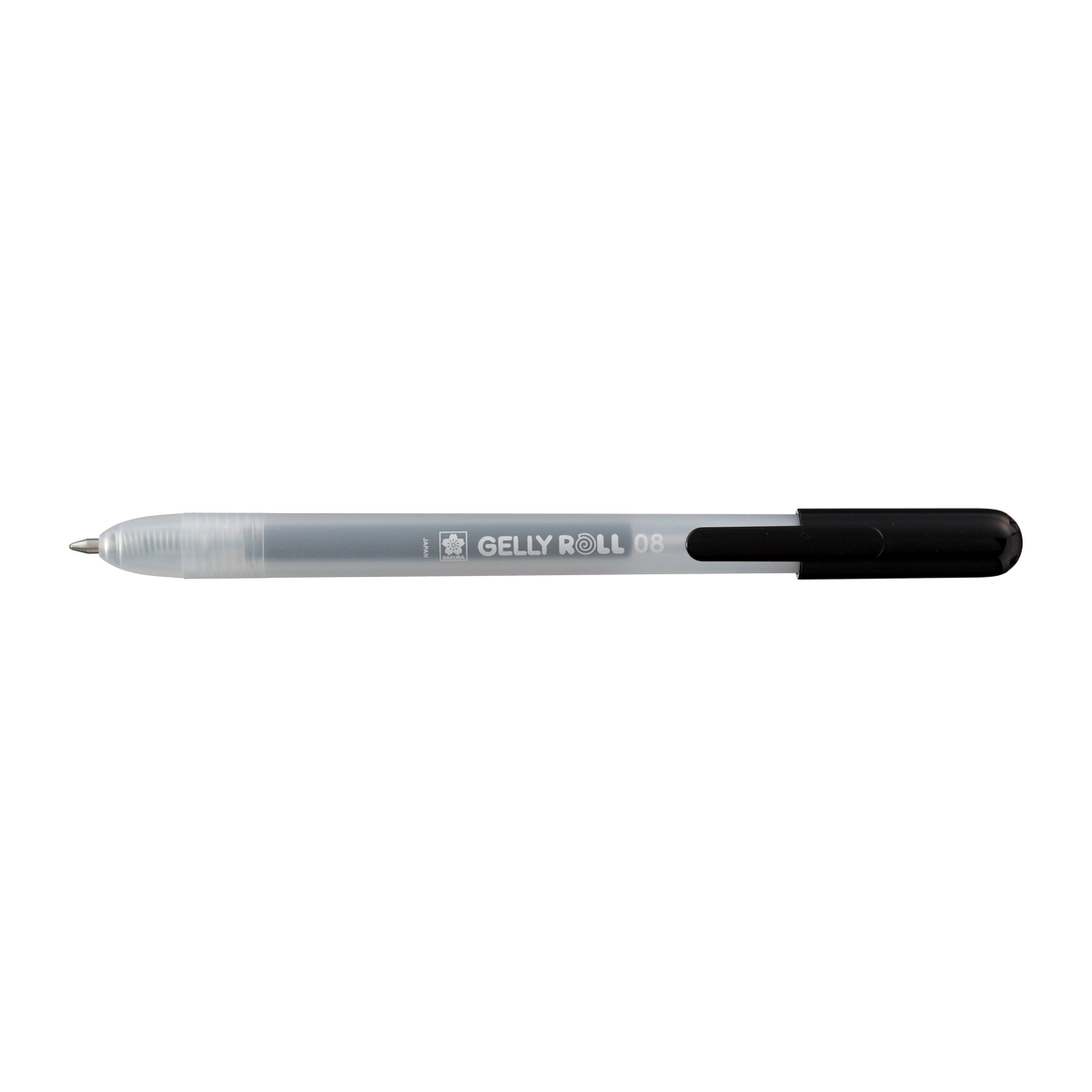 Sakura Gelly Roll Retractable 08 Black gel pen side view with tip extended and black clip on the plunger end