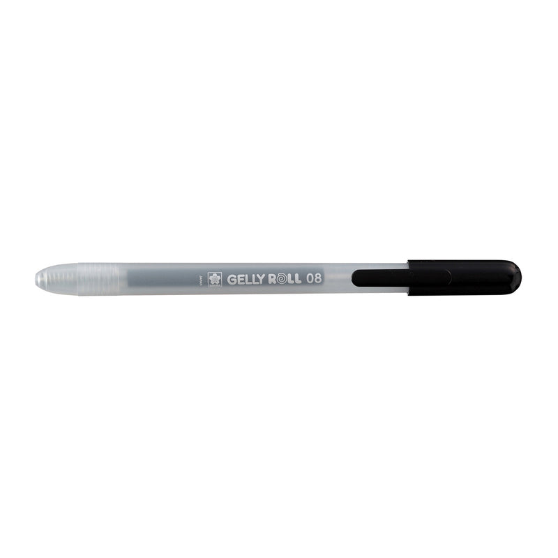Sakura Gelly Roll Retractable 08 Black gel pen with tip retracted, barrel printed GELLY ROLL 08