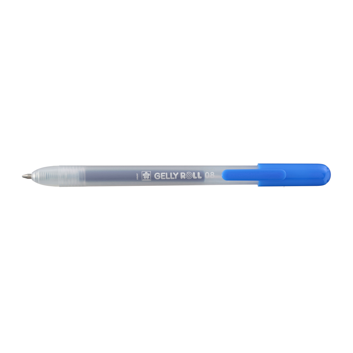 Sakura Gelly Roll Retractable 08 Blue gel pen side view with tip extended and blue clip on the plunger end