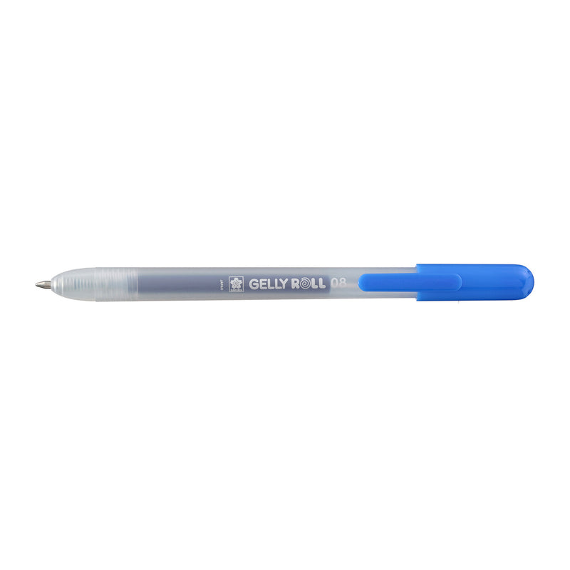 Sakura Gelly Roll Retractable 08 Blue gel pen angled view with the writing tip out