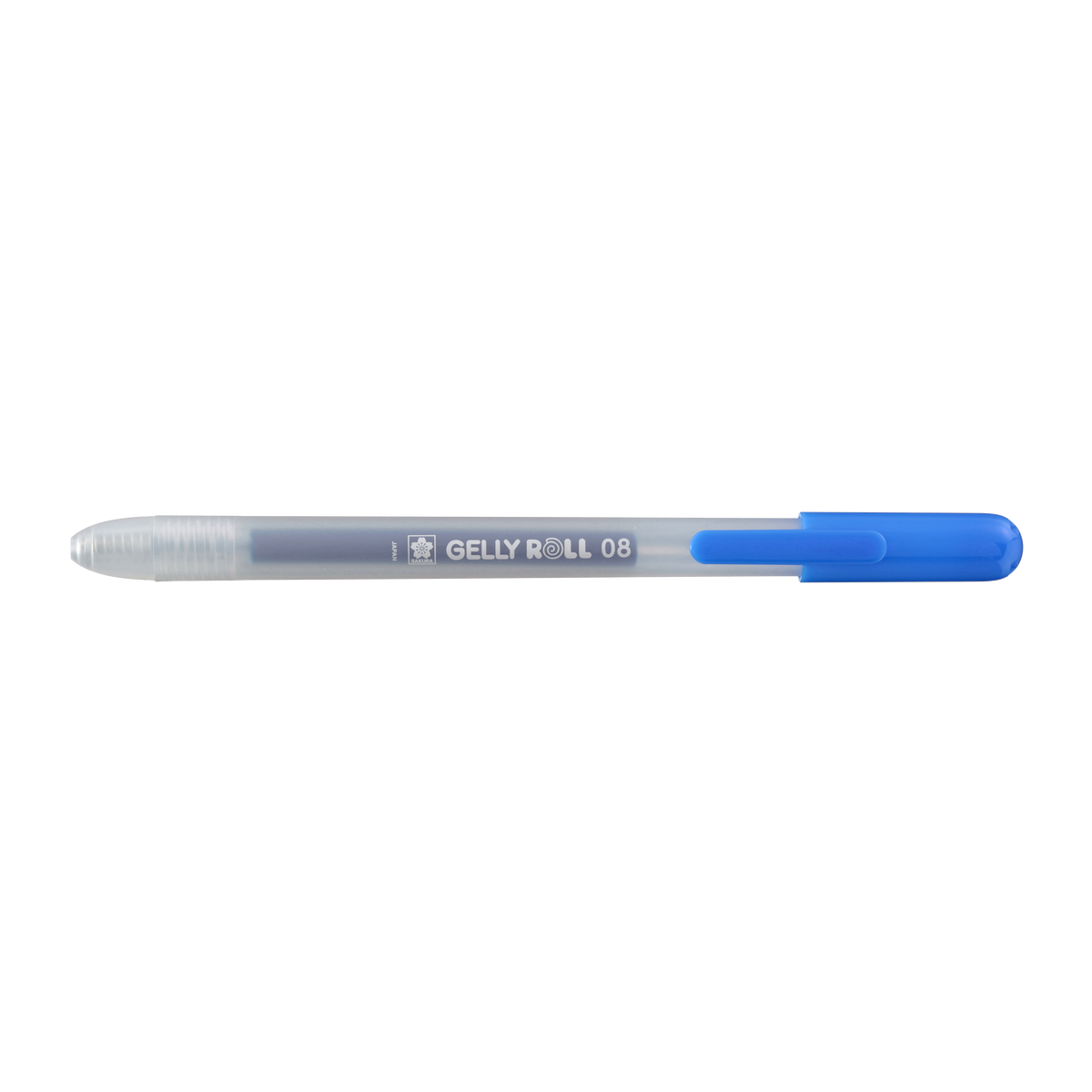 Sakura Gelly Roll Retractable 08 Blue gel pen side view with the tip retracted into the frosted barrel