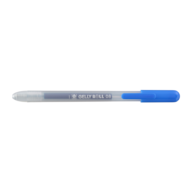 Sakura Gelly Roll Retractable 08 Blue gel pen side view with the tip retracted into the frosted barrel