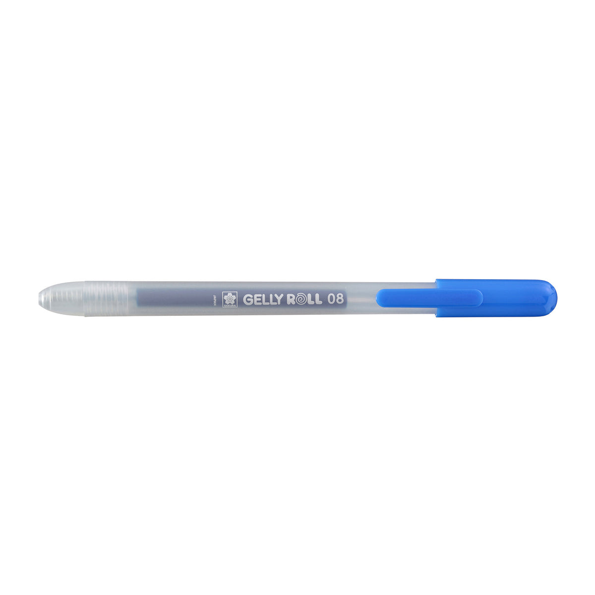 Sakura Gelly Roll Retractable 08 Blue gel pen with tip retracted, barrel printed GELLY ROLL 08