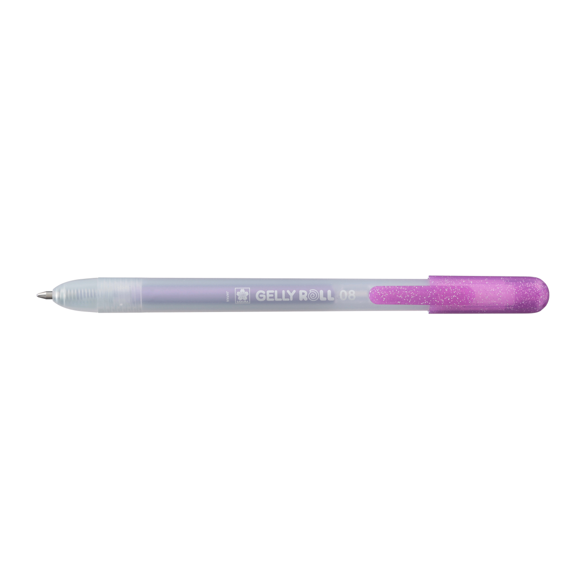 Sakura Gelly Roll Retractable 08 Metallic Purple gel pen side view with tip extended and metallic purple clip on the plunger end