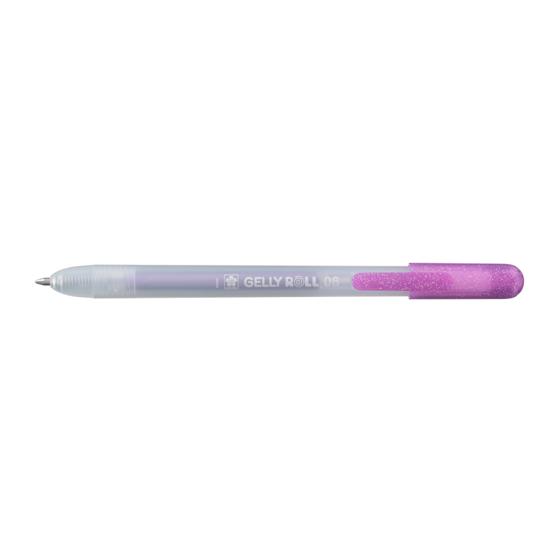 Sakura Gelly Roll Retractable 08 Metallic Purple gel pen side view with tip extended and metallic purple clip on the plunger end