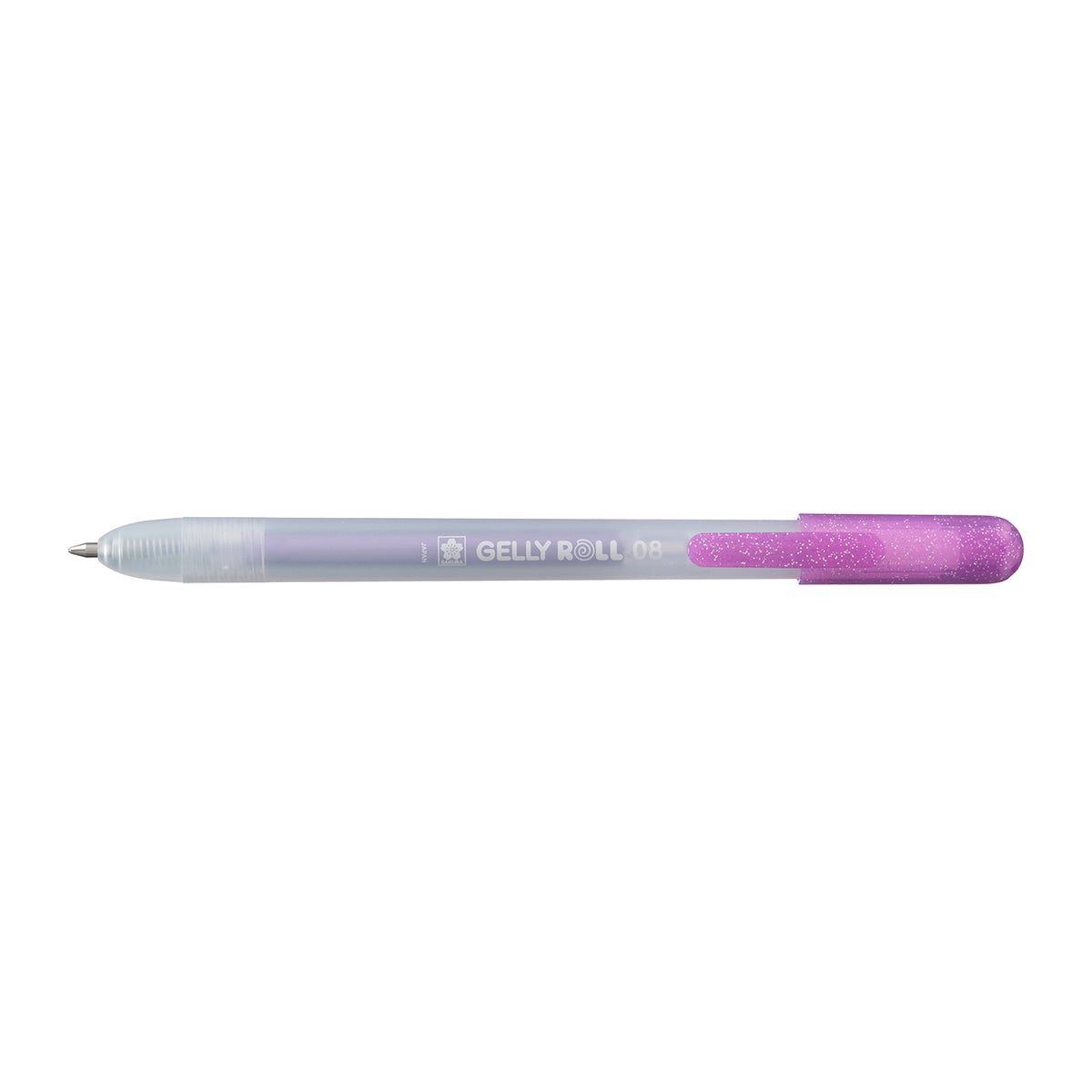 Sakura Gelly Roll Retractable 08 Metallic Purple gel pen angled view with the writing tip out