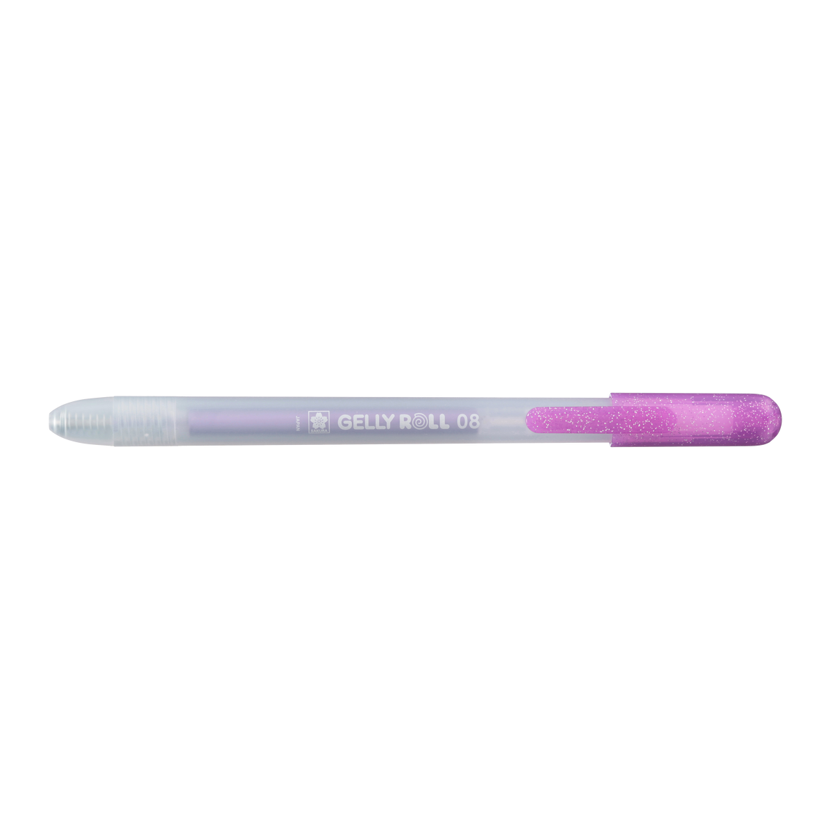 Sakura Gelly Roll Retractable 08 Metallic Purple gel pen side view with the tip retracted into the frosted barrel