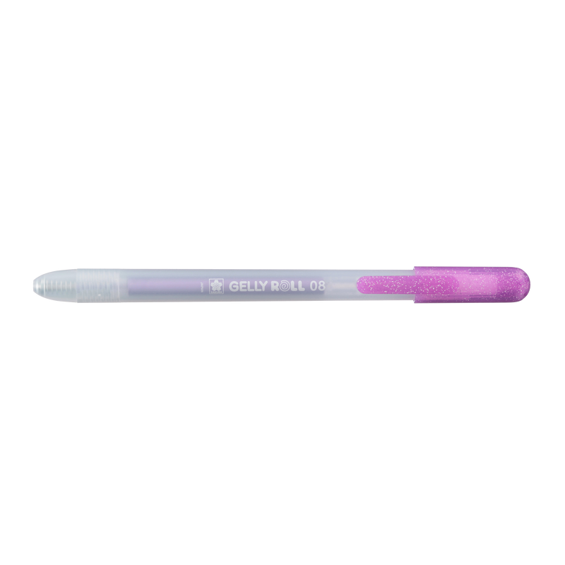 Sakura Gelly Roll Retractable 08 Metallic Purple gel pen side view with the tip retracted into the frosted barrel