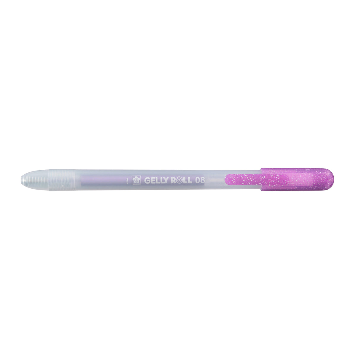 Sakura Gelly Roll Retractable 08 Metallic Purple gel pen with tip retracted, barrel printed GELLY ROLL 08