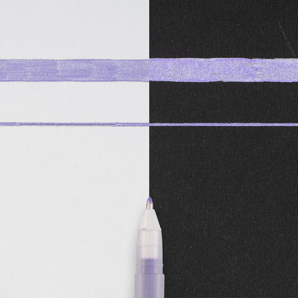 Sakura Gelly Roll Retractable 08 Metallic Purple writing sample: lavender metallic lines across white and black card with pen tip