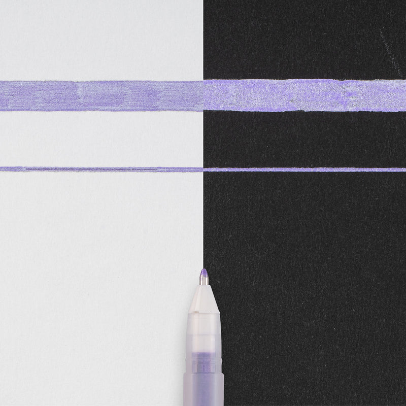 Sakura Gelly Roll Retractable 08 Metallic Purple writing sample: lavender metallic lines across white and black card with pen tip