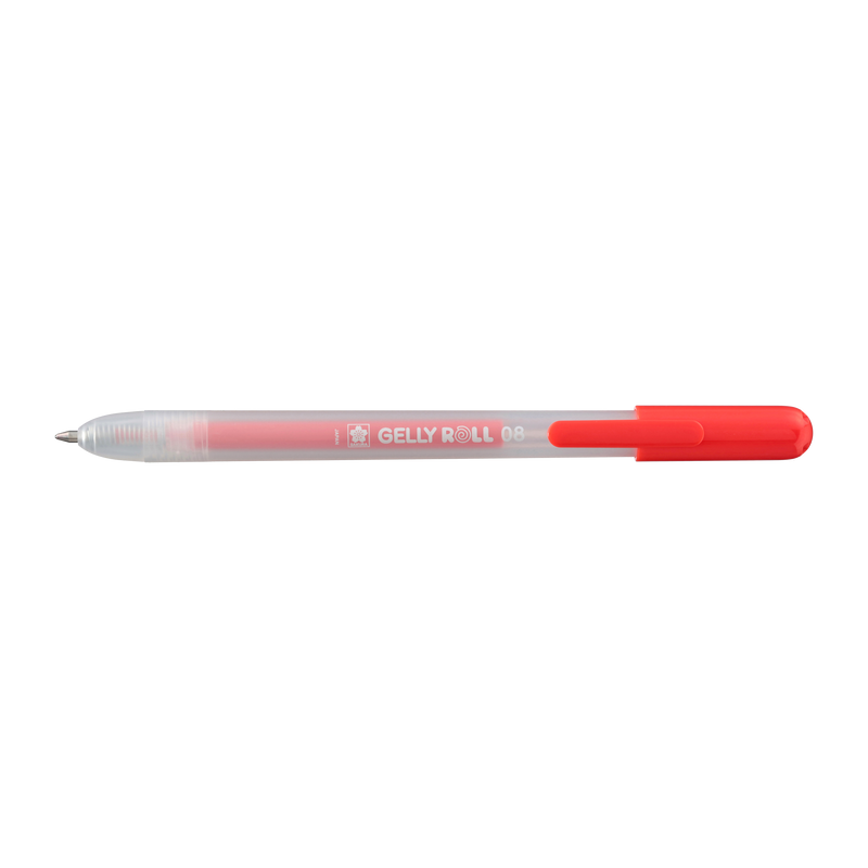 Sakura Gelly Roll Retractable 08 Red gel pen side view with tip extended and red clip on the plunger end