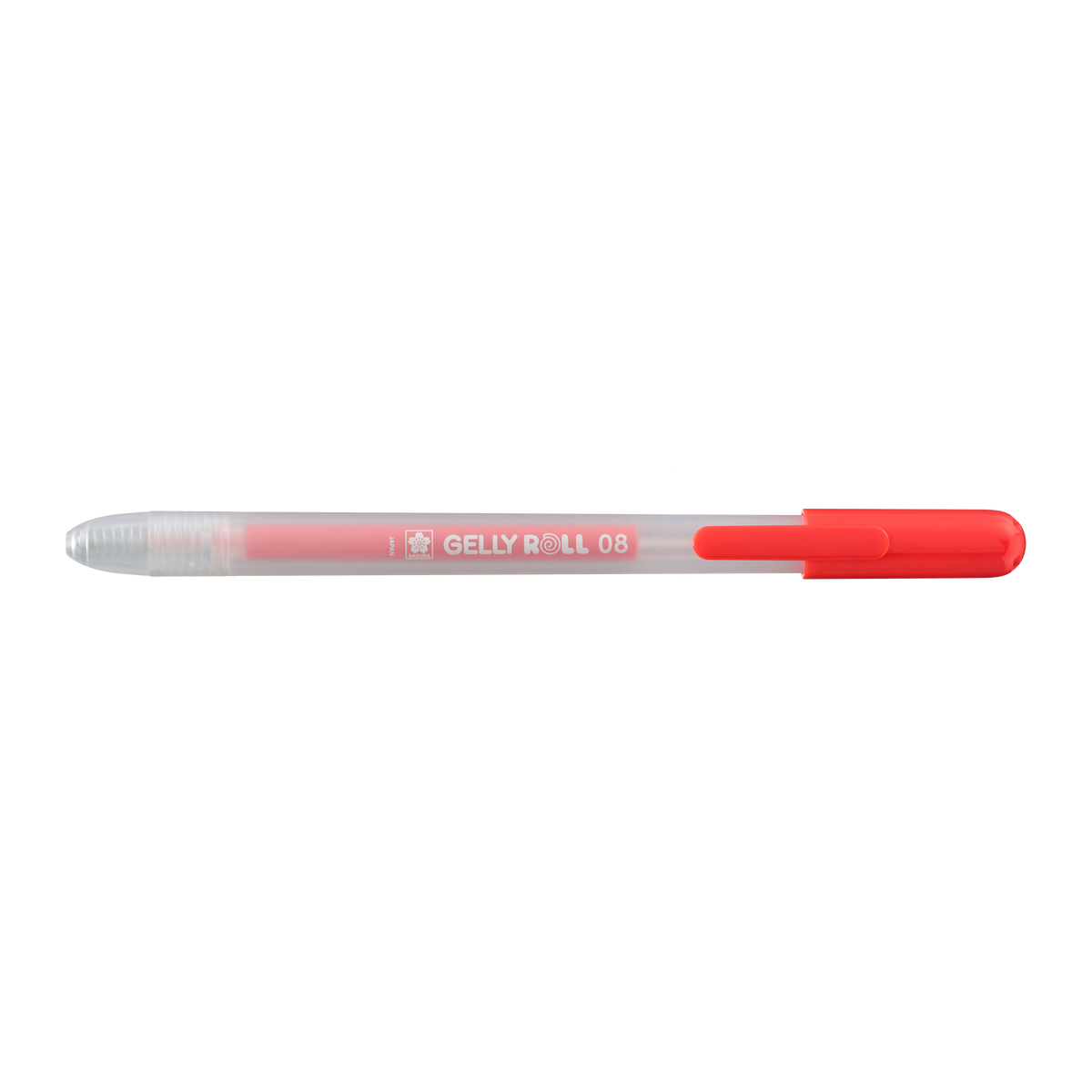 Sakura Gelly Roll Retractable 08 Red gel pen side view with the tip retracted into the frosted barrel