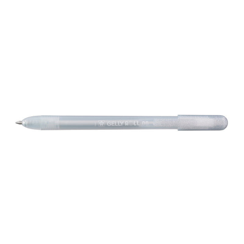 Sakura Gelly Roll Retractable 08 Silver gel pen angled view with the writing tip out