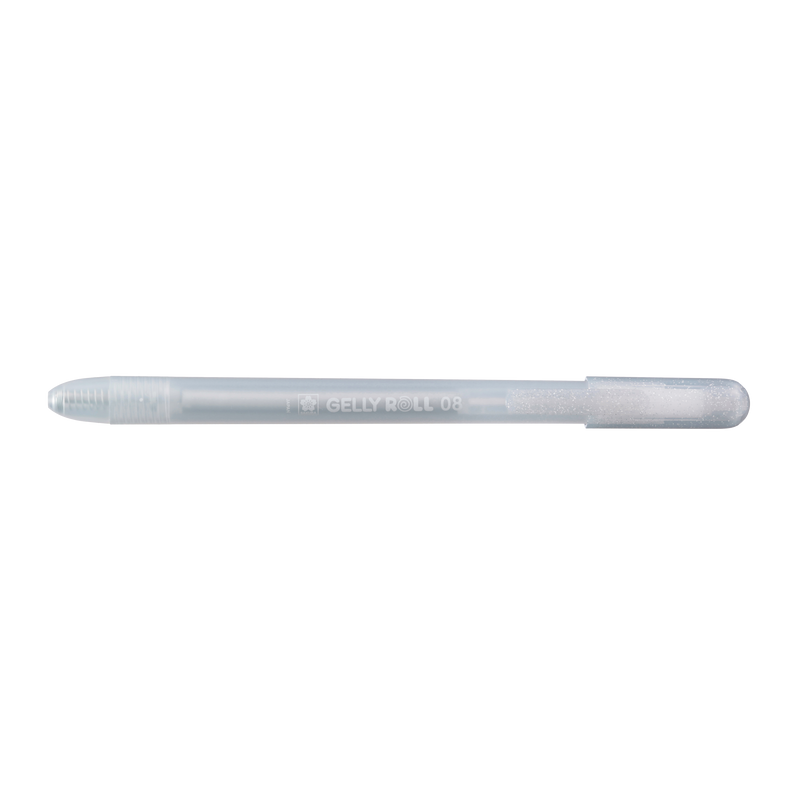 Sakura Gelly Roll Retractable 08 Silver gel pen side view with the tip retracted into the frosted barrel
